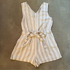 Loft Striped Linen Blend Sleeveless Belted Romper Size Medium